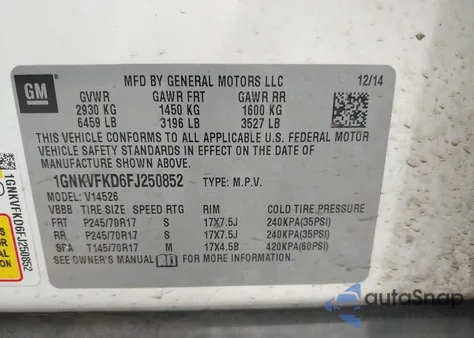 2015 Chevrolet Traverse Ls z USA, uszkodzony, nr VIN 1GNKVFKD6FJ250852